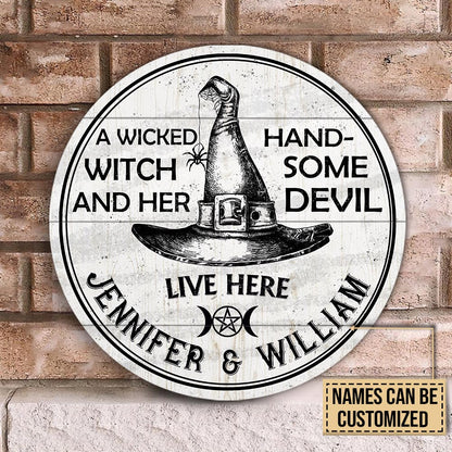 Personalized Witch Handsome Devil Customized Wood Circle Sign