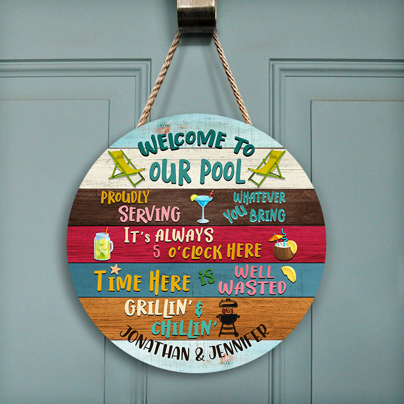 Proudly Serving Whatever Swimming Pool Decor Personalized Custom Wood Circle Sign