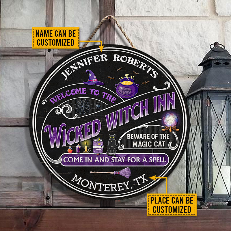 Witch Inn Black Cat Stay For A Spell Black Custom Wood Circle Sign, Witch Decor, Witchy, Goth, Witch Sign, Halloween Sign, Halloween Gift