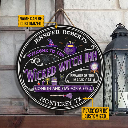 Witch Inn Black Cat Stay For A Spell Black Custom Wood Circle Sign, Witch Decor, Witchy, Goth, Witch Sign, Halloween Sign, Halloween Gift