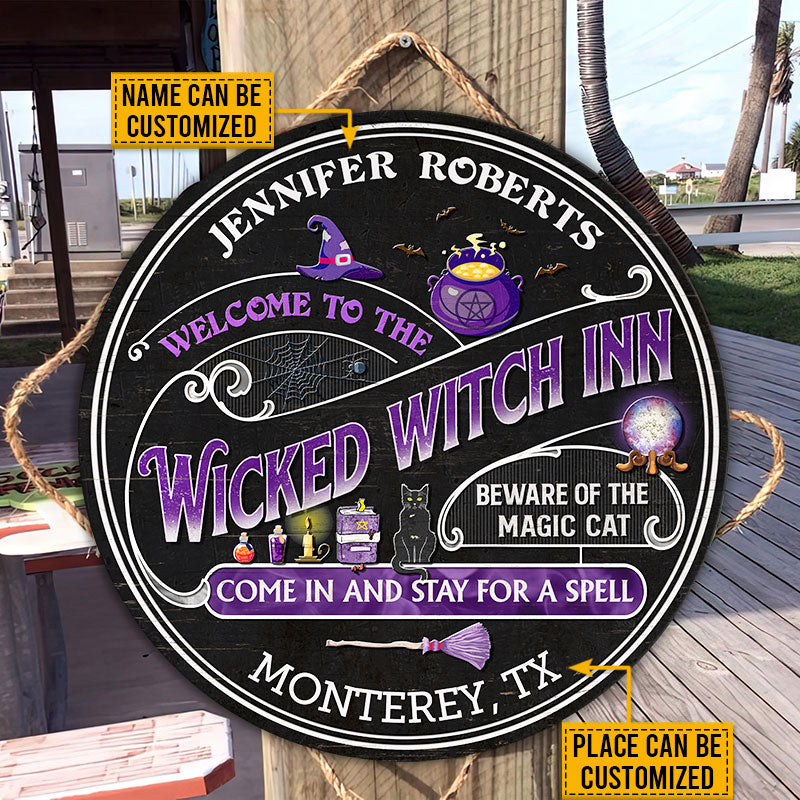 Witch Inn Black Cat Stay For A Spell Black Custom Wood Circle Sign, Witch Decor, Witchy, Goth, Witch Sign, Halloween Sign, Halloween Gift