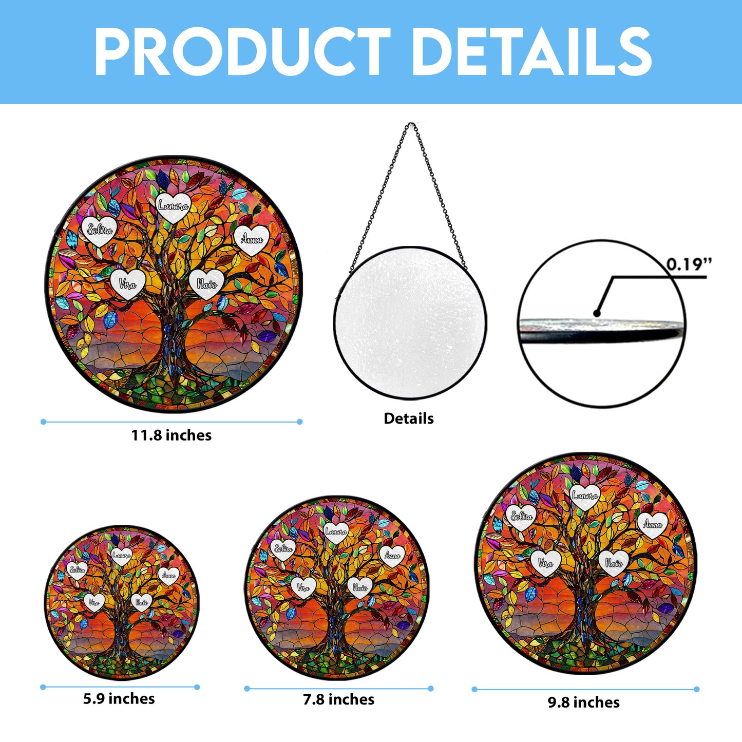 Personalized Family Tree Stained Glass Suncatcher – Custom Names Gift for Mom, Grandma or Nana – Window Hanging Home Decor (Sun-79)
