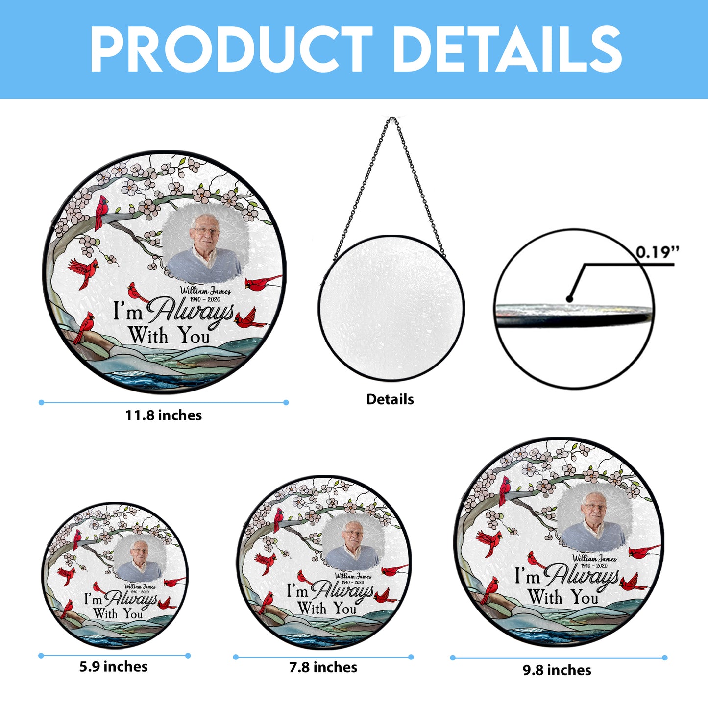 Personalized Glass Suncatcher for Windows – Memorial Cardinal Ornament with Name, Dates & Photo (Sun-95)