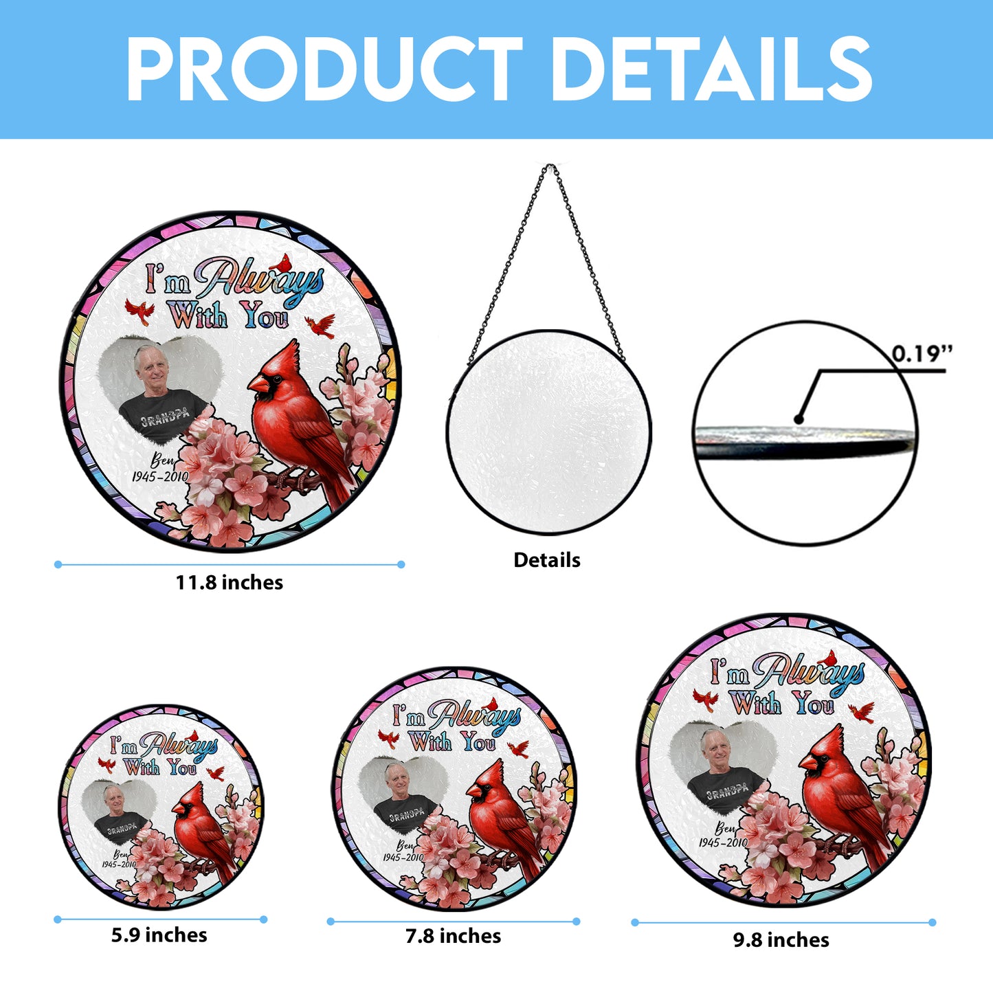 Cardinal Remembrance Glass Suncatcher – Custom Photo Memorial Hanging Sign for Loss of Loved One (Sun-96)