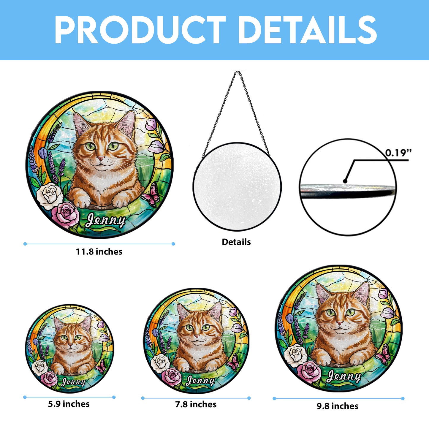 Custom Cat Portrait Glass Suncatcher – Personalized Pet Memorial or Gift for Cat Lovers – Floral Window Hanging with Pet Name (Sun-90)