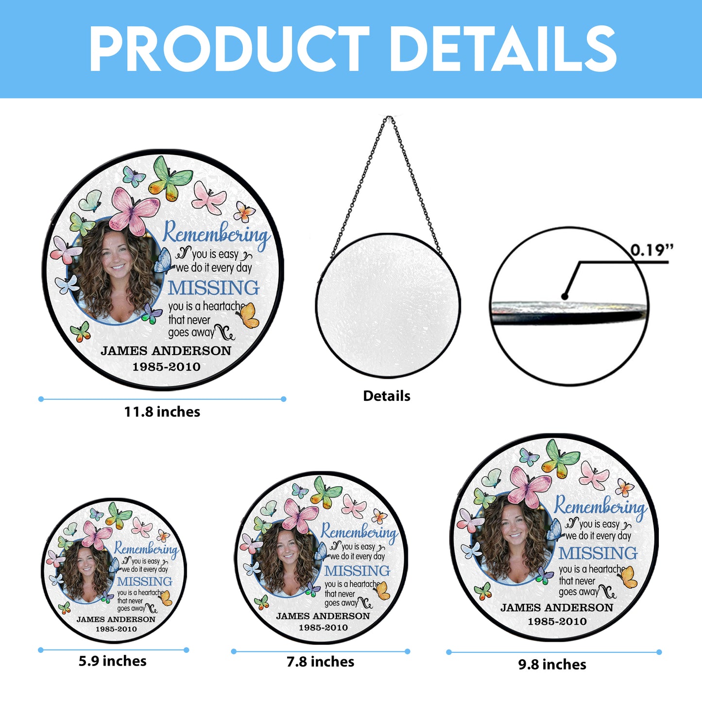 Personalized Memorial Glass Suncatcher with Photo and Butterflies – In Loving Memory Hanging Ornament for Loss of Loved One (Sun-92)