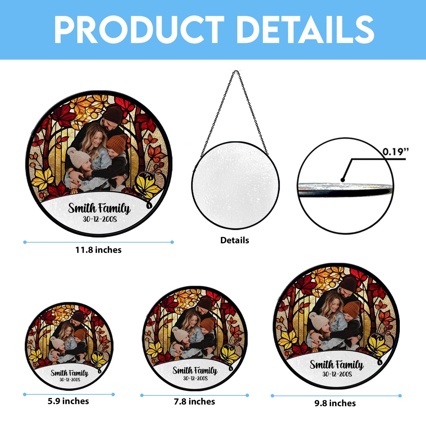 Personalized Family Photo Glass Suncatcher – Custom Stained Glass Window Hanging with Name and Date – Fall Tree Theme Gift for Family (Sun-85)