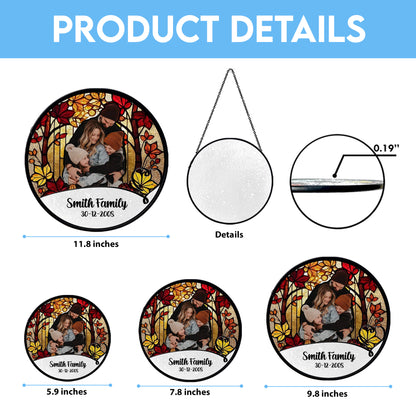 Personalized Family Photo Glass Suncatcher – Custom Stained Glass Window Hanging with Name and Date – Fall Tree Theme Gift for Family (Sun-85)