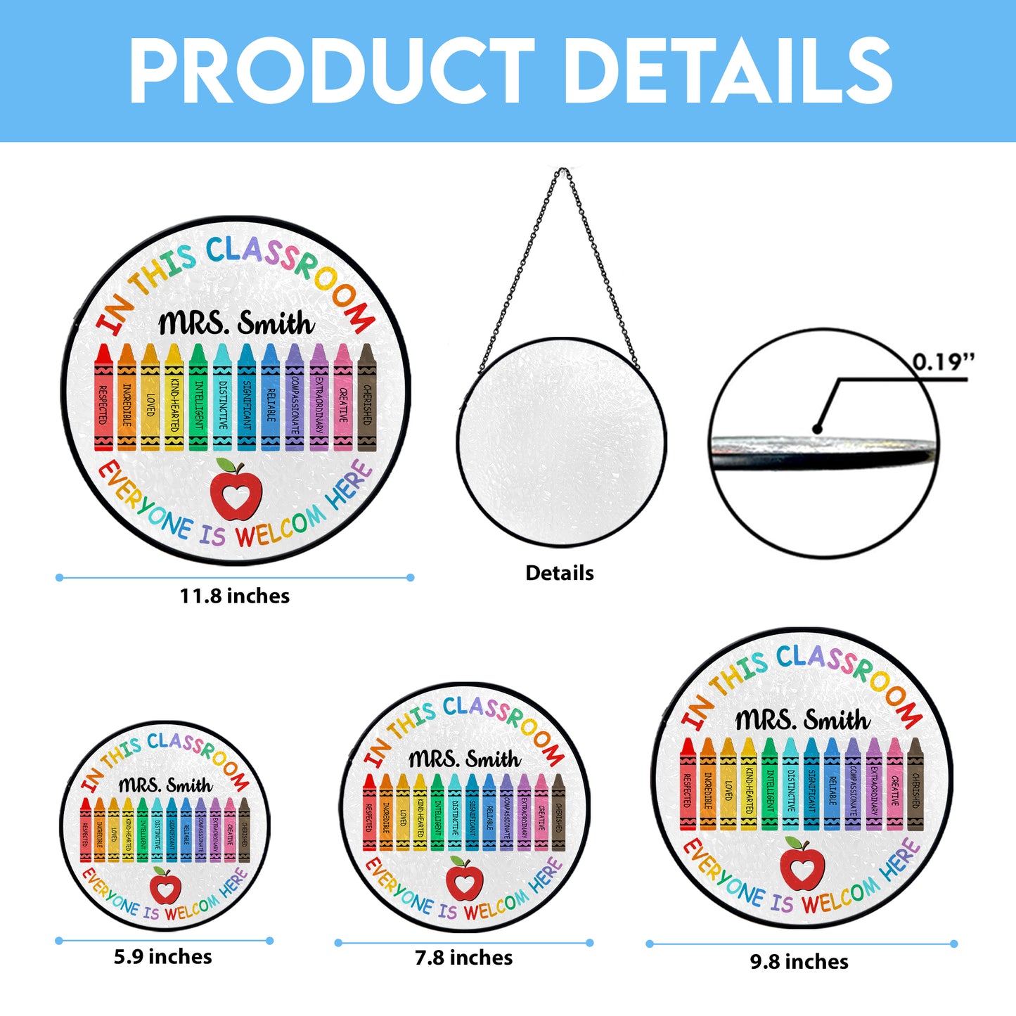 Custom Classroom Glass Suncatcher – Teacher Gift with Rainbow Crayons and Welcome Quote – Back to School Window Decoration (Sun-88)
