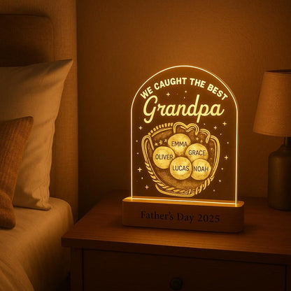 Personalized Baseball Dad Night Light, Custom LED Acrylic Lamp with Children’s Names, Father’s Day or Grandpa Gift, Wooden Base Included (DNL-13)