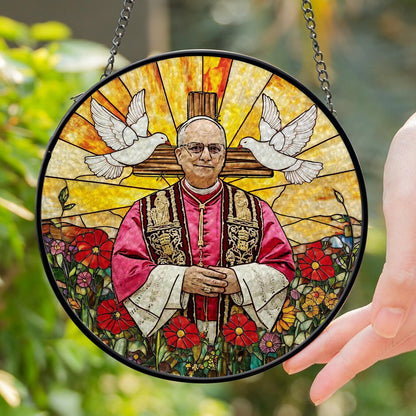 Catholic Glass Suncatcher with Pope and Doves, Stained Glass Style Window Hanging, Religious Christian Gift with Cross and Floral Design (Sun-119)