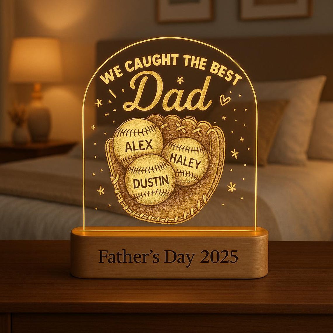 Personalized Baseball Dad Night Light, Custom LED Acrylic Lamp with Children’s Names, Father’s Day or Grandpa Gift, Wooden Base Included (DNL-13)