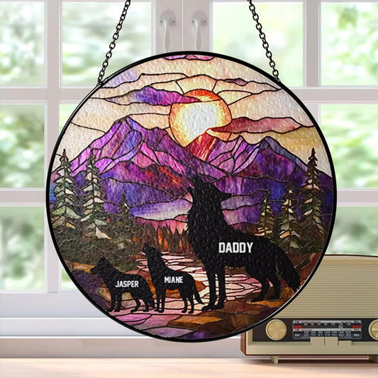 Personalized Fathers Day Wolf Stained Glass Suncatcher, Dad Gift From Kid, Fathers Day Gift, Wolf Dad Suncatcher Window Hanging, Family Gift (Sun-155)