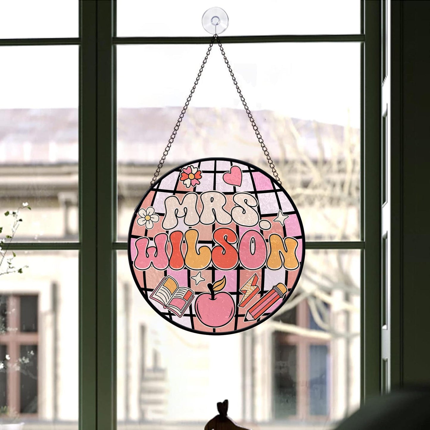 Teacher Stained Glass Suncatcher, Teacher Round Suncatcher, Name Gift for Teacher, Disco Ball Classroom Decor, Indoor Class Window Hanging (Sun-115)