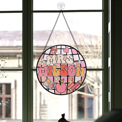 Teacher Stained Glass Suncatcher, Teacher Round Suncatcher, Name Gift for Teacher, Disco Ball Classroom Decor, Indoor Class Window Hanging (Sun-115)