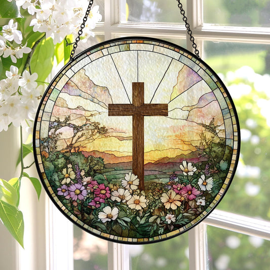 Stained Glass Cross And Wildflowers Suncatcher Christian Glass Windows Hanging Flower Cross Gift For Religious Easter Faith Cross Home Decor, Glass Suncatcer Decor (Sun-56)