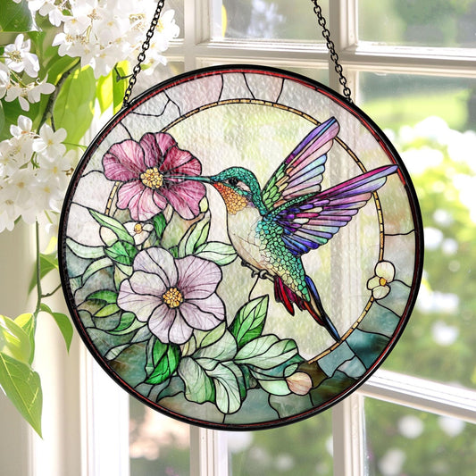 Hummingbird Stained Glass Suncatcher, Hummingbird Window Hanging, Gifts for Mom, Memory Sympathy Gift, Bird Wall Art, Indoor Decor (Sun-76)