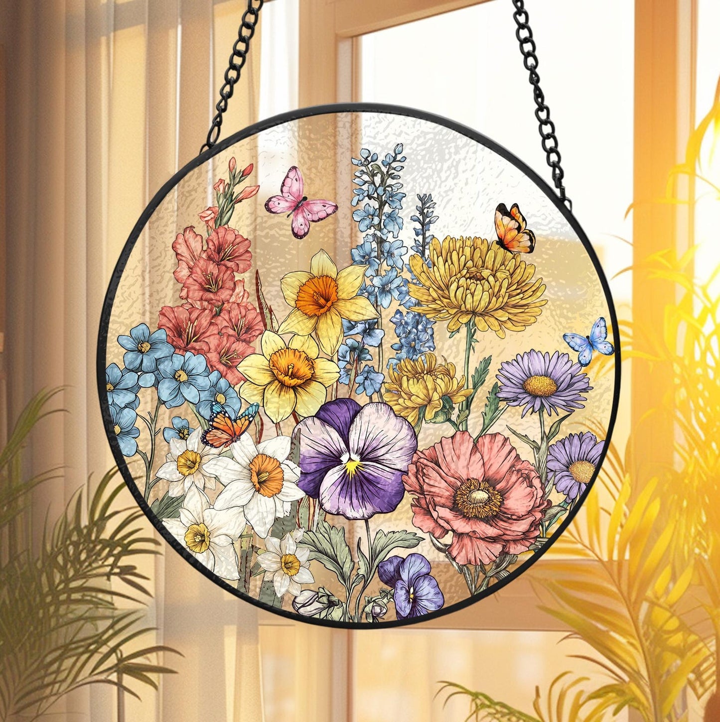 Custom Family Birth Flowers Glass Suncatcher, Custom Mom's Garden Gift, Flower Glass Art, Home Decor, Birth Flower Gift, Mother's Day Gift (Sun-50)