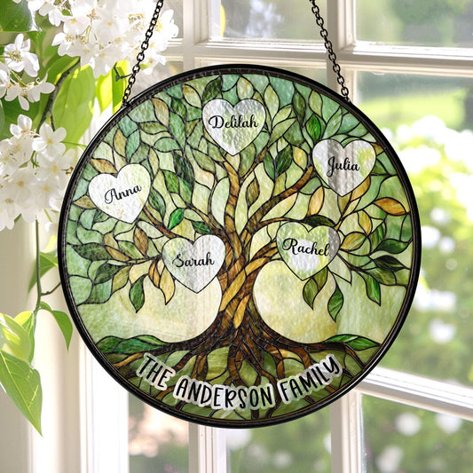 Stained Glass Family Tree Glass Suncatcher, Mother's Day Window Hanging, Father's Day Gift for Grandma, Family Tree of Life Decor (Sun-139)