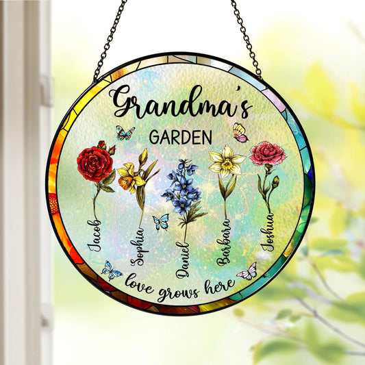Personalized Grandma's Garden Gift For Grandma, Mother's Day Gift For Grandma, Nana Birth Month Flower Stain Glass Suncatcher (Sun-54)