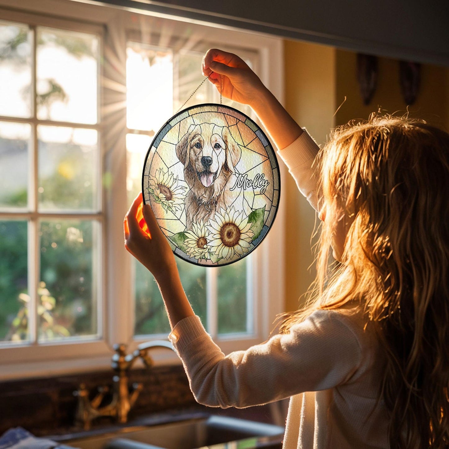 Personalized Pet Portrait Stained Glass Suncatcher, Custom Dog Portrait from Photo, Dog Portrait Art Suncatcher, Stained Glass Dog Memorial (Sun-117)