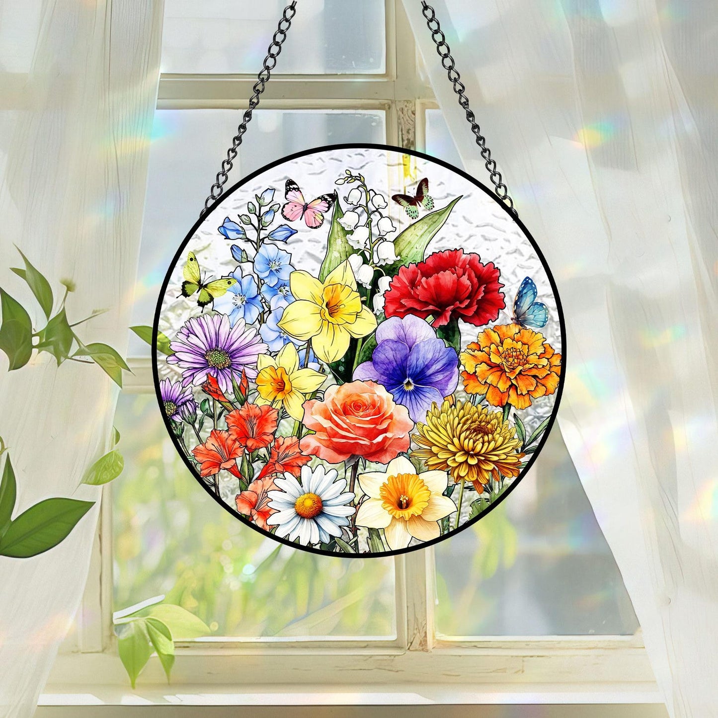 Personalized Family Birth Flower Glass Suncatcher, Mother's Day Gift, Custom Glass Art, Nana's Blessings, Mommy's Garden Decor (Sun-72)