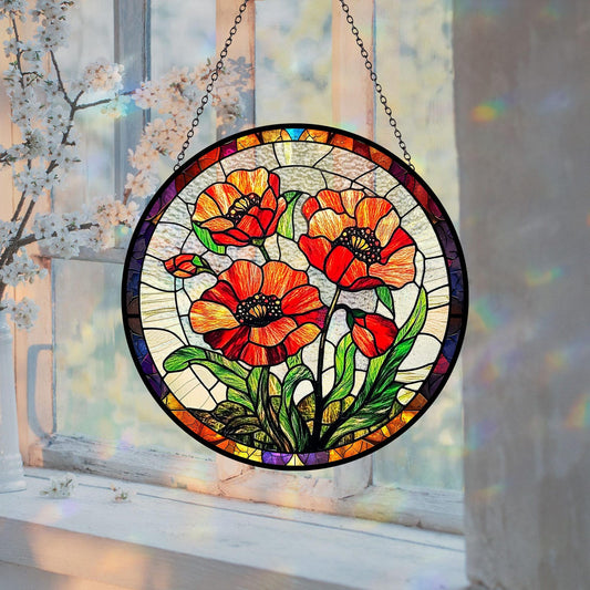 Poppy Flowers Glass Suncatcher, Artistic Poppy, Stained Glass Plant Home Decor, Unique Botanical Art Window Hanging, Nana's Blessings, Memory Day (Sun-73)
