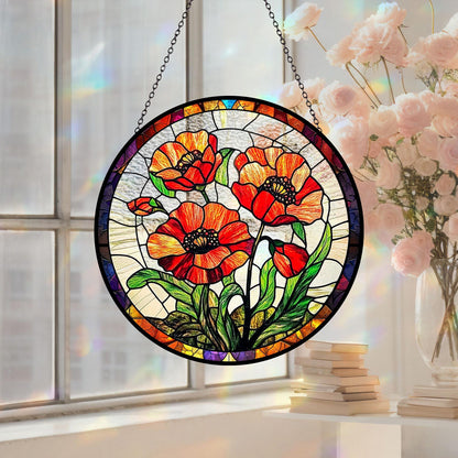 Poppy Flowers Glass Suncatcher, Artistic Poppy, Stained Glass Plant Home Decor, Unique Botanical Art Window Hanging, Nana's Blessings, Memory Day (Sun-73)