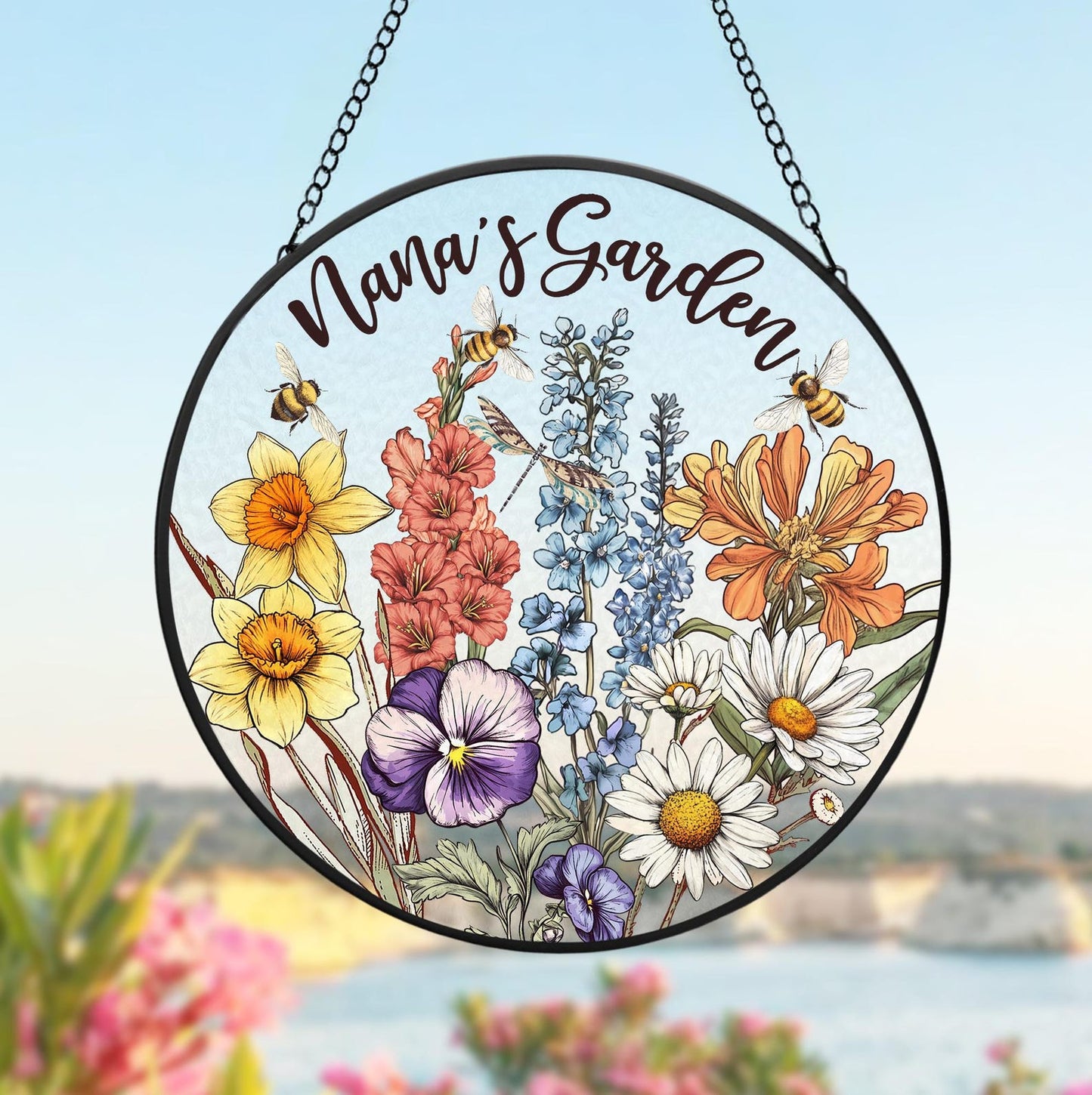 Custom Birth Flowers Glass Suncatcher, Mom's Garden Gift, Cardinal Birth Flowers Gift, Gift For Grandma, Gift For Mom, Flower Glass Art (Sun-58)