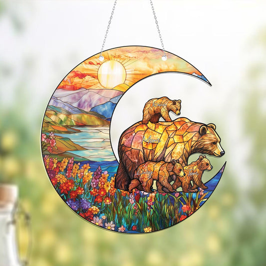 Personalized Mama Bear Glass Suncatcher, Bear Family Gift, Custom Mama Bear Gift, Mother's Day Gift, Mom Gift From Kids, Window Hanging (H-Sun-07)
