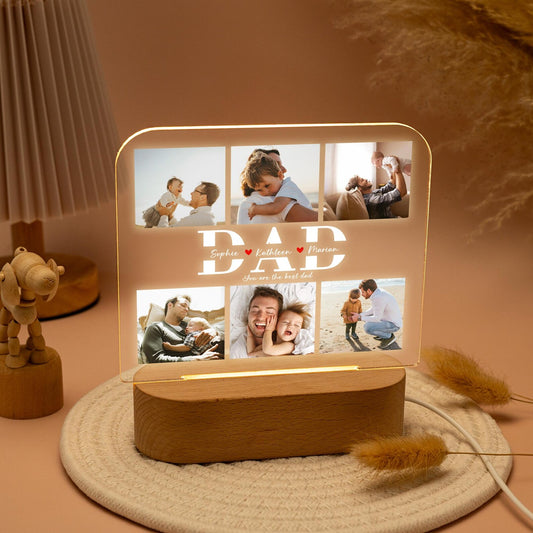 Personalized Dad Night Light Gifts, Custom Photo Collage Night Light, Birthday Gifts for Dad Grandpa, Gift from Daughter, LED Light with Kids Names (DNL-28)