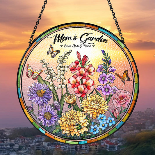 Custom Grandma Birth Flower Glass Suncatcher, Custom Family Birth Flowers Glass Art, Grandma Gift, Mother's Day Gift, Flower Gift For Mom (Sun-57)