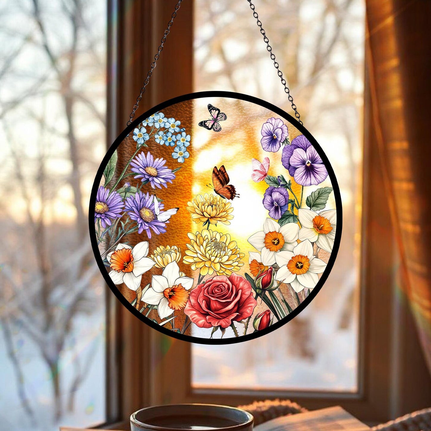 Custom Family Birth Flowers Glass Suncatcher, Mother's Day Gift, Flower Glass Art, Grandma's Garden Decor, Botanical Art, Nana's Blessings (Sun-55)