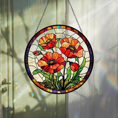 Poppy Flowers Glass Suncatcher, Artistic Poppy, Stained Glass Plant Home Decor, Unique Botanical Art Window Hanging, Nana's Blessings, Memory Day (Sun-73)