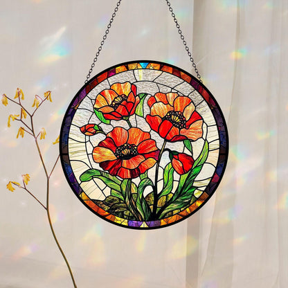 Poppy Flowers Glass Suncatcher, Artistic Poppy, Stained Glass Plant Home Decor, Unique Botanical Art Window Hanging, Nana's Blessings, Memory Day (Sun-73)