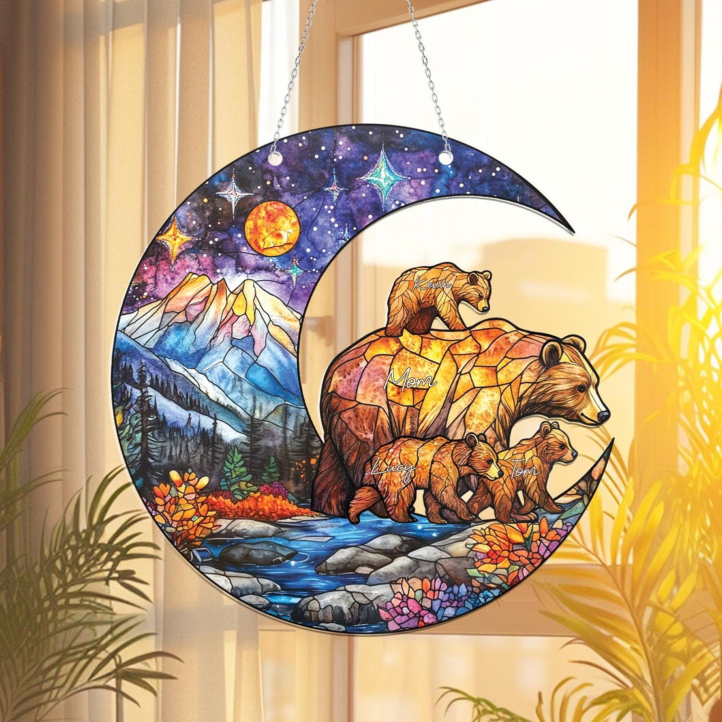 Personalized Mama Bear Glass Suncatcher, Bear Family Gift, Custom Mama Bear Gift, Mother's Day Gift, Mom Gift From Kids, Window Hanging (H-Sun-07)
