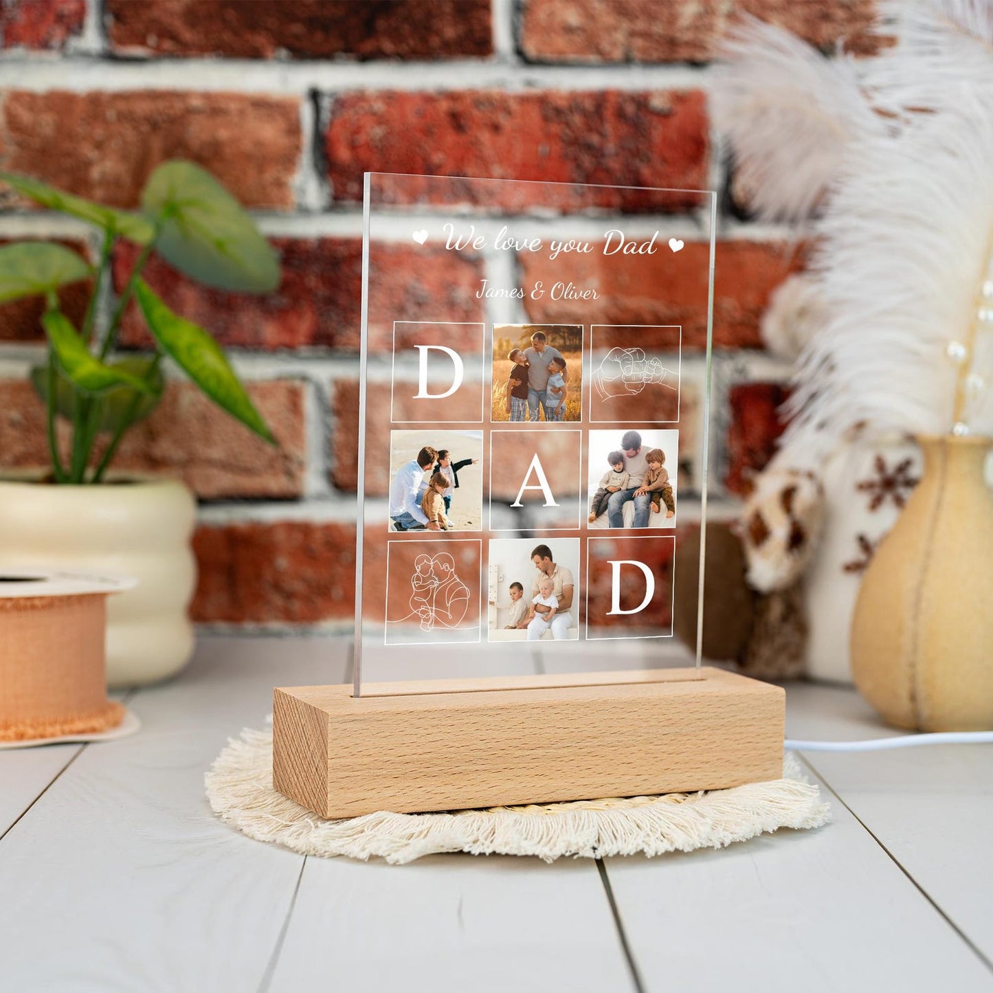 Custom Dad Night Light with Photo and Name, Personalized Glass Lamp for Father’s Day, Unique Gift from Daughter, Grandpa Gift, New Dad Present (DNL-04)