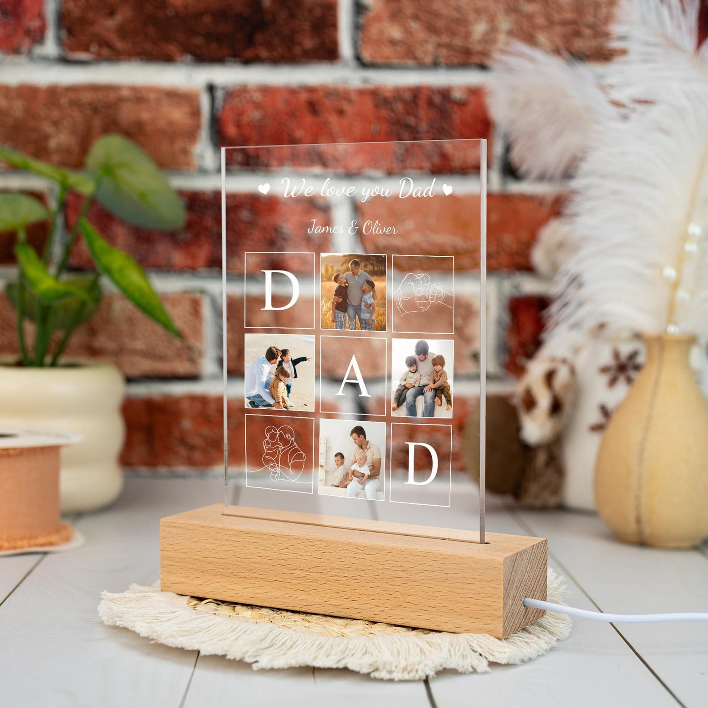 Custom Dad Night Light with Photo and Name, Personalized Glass Lamp for Father’s Day, Unique Gift from Daughter, Grandpa Gift, New Dad Present (DNL-04)