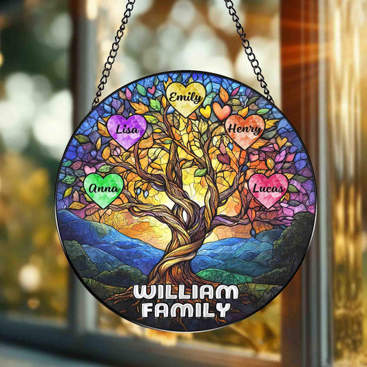 Personalized Family Tree Glass Suncatcher, Stained Glass Tree of Life, Family Names Glass Suncatcher, Family Keepsake, Family Stained Glass Window Decor (Sun-132)