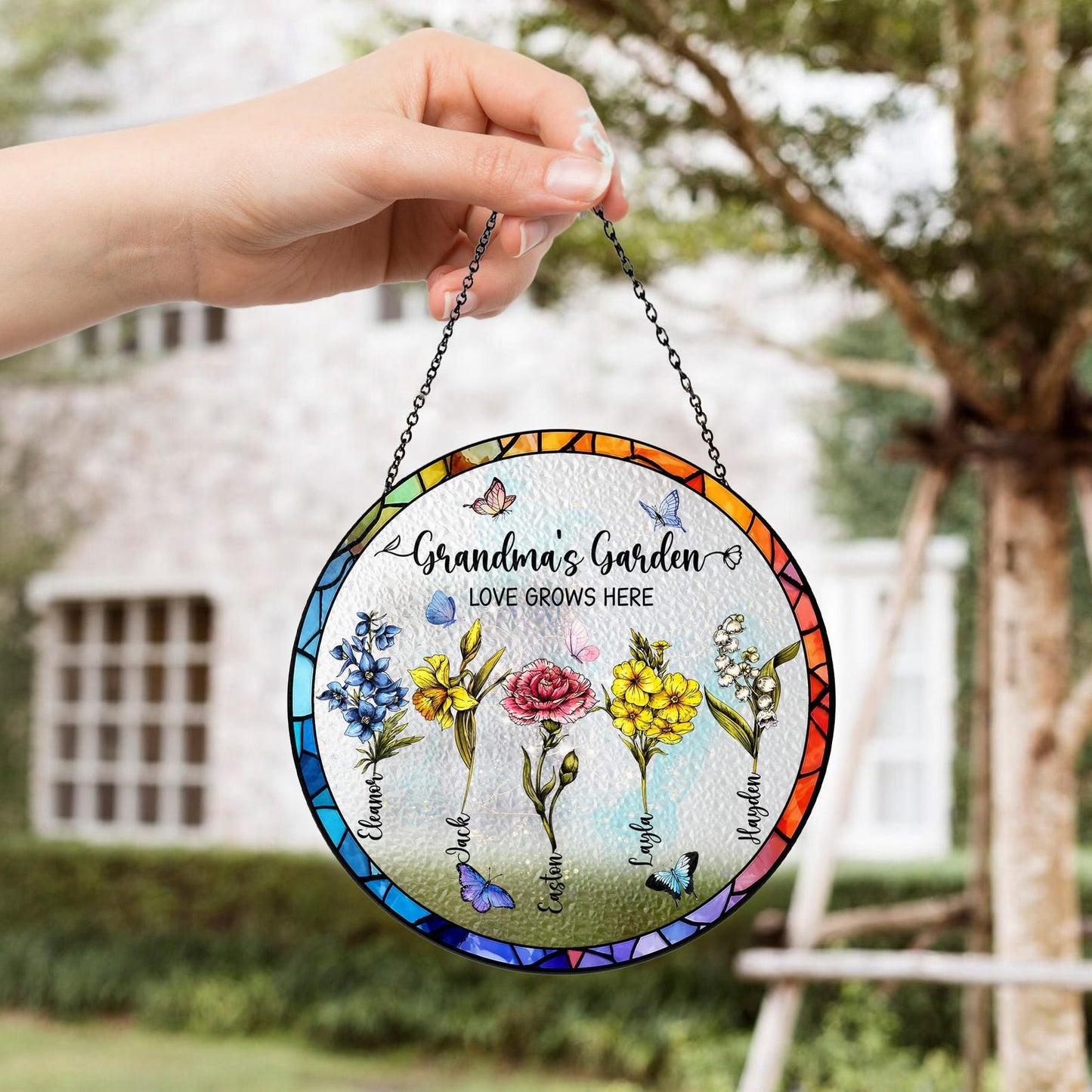 Custom Family Birth Flowers Glass Suncatcher, Grandma's Garden Stained Glass Suncatcher Home Decor, Mother's Day Gift, Flower Glass Art (Sun-59)