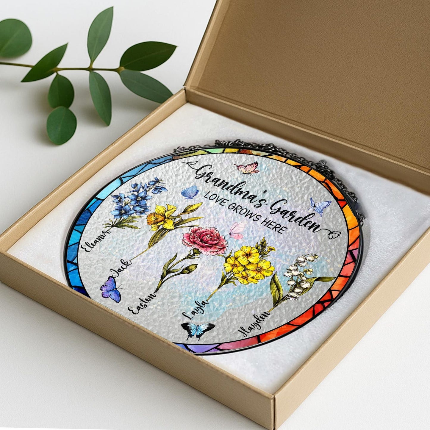 Custom Family Birth Flowers Glass Suncatcher, Grandma's Garden Stained Glass Suncatcher Home Decor, Mother's Day Gift, Flower Glass Art (Sun-59)
