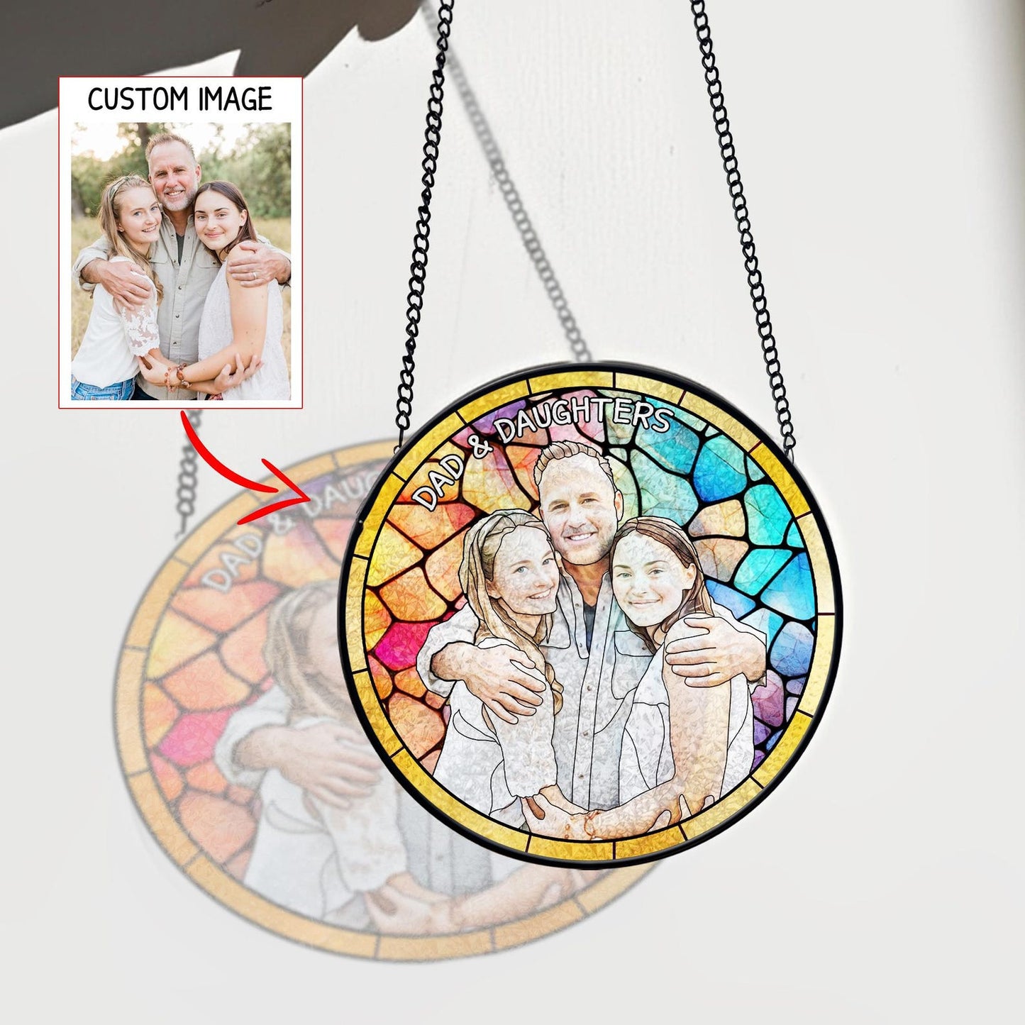 Personalized Father Portrait Photo Glass Suncatcher, Grandpa & Kids Photo Glass Suncatcher, Father's Day Gift, Gift From Kids, Loss of Dad (Sun-147)
