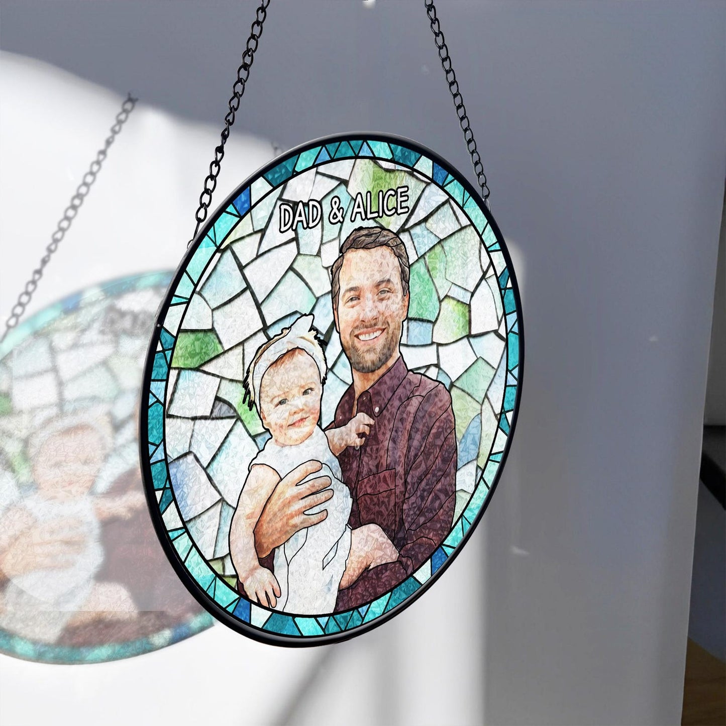 Personalized Father Portrait Photo Glass Suncatcher, Grandpa & Kids Photo Glass Suncatcher, Father's Day Gift, Gift From Kids, Loss of Dad (Sun-147)