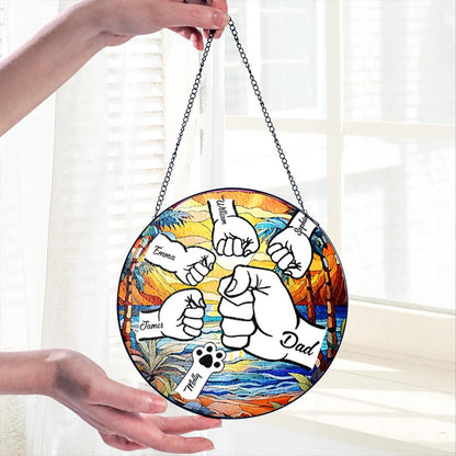 Custom Fist Bump Dad Glass Suncatcher, Custom Dad With Kids Names, Family Name Glass Suncatcher Window Hanging, Father's Day Gift (Sun-128)