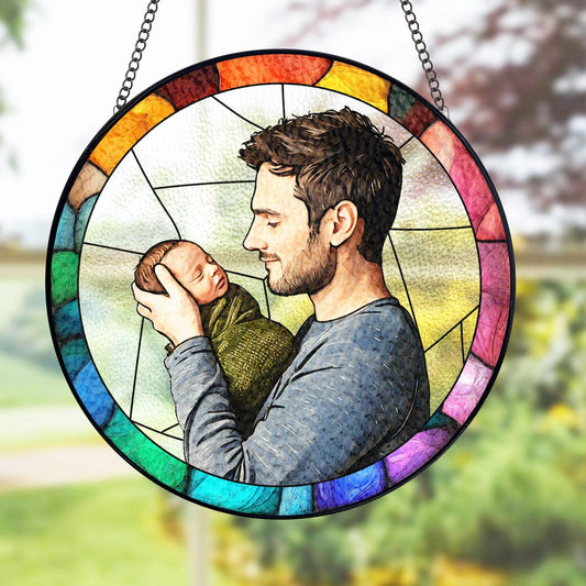 Custom New Dad Portrait Glass Suncatcher, Personalized 1st Fathers Day Gift From Kid, Dad Birthday Gifts, Dad Suncatcher Window Hanging (Sun-157)