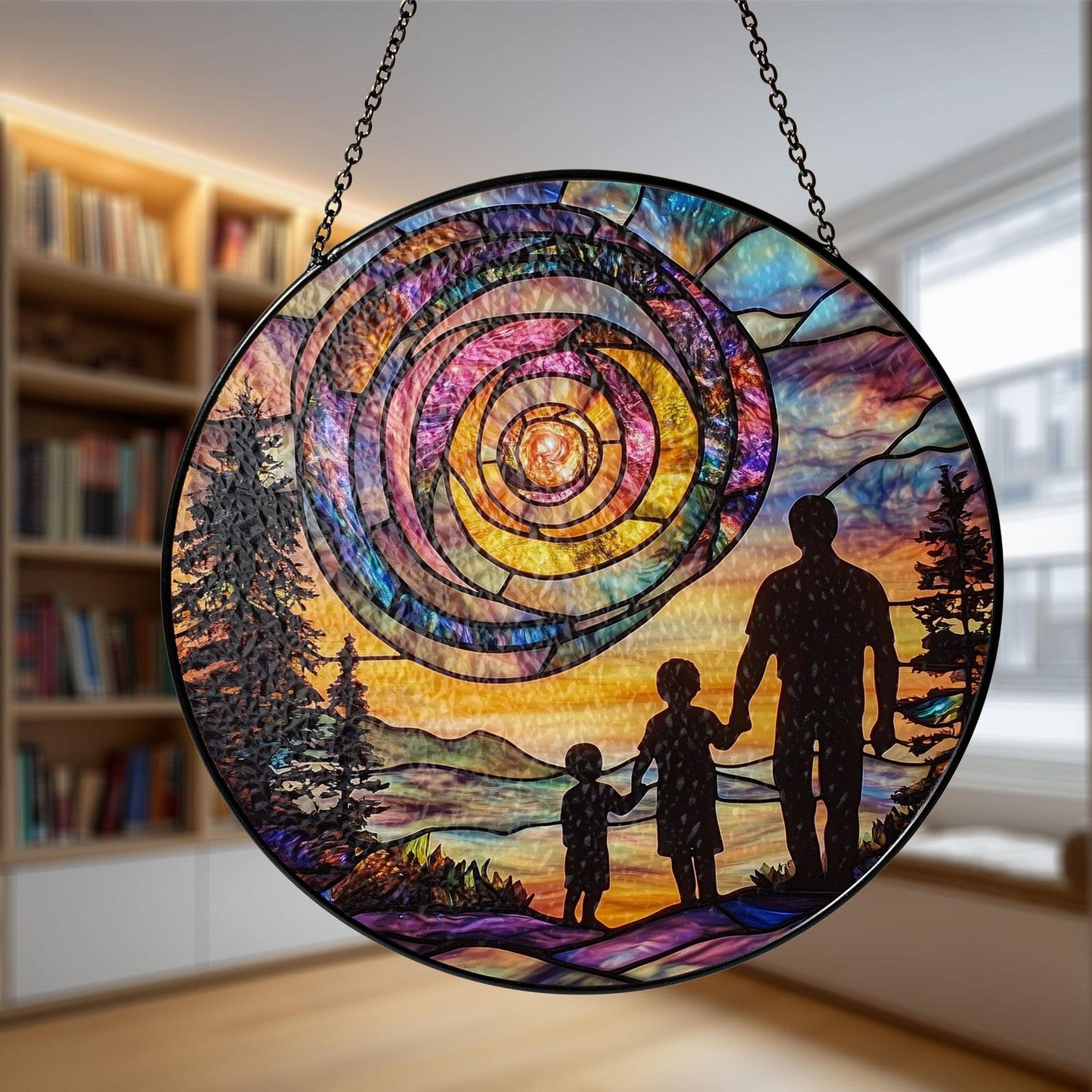 Dad and Kids Sunset Spiral Glass Suncatcher, Handmade Father’s Day Gift, Sentimental Keepsake from Children, Unique Gift for Him, Family Love Decor (Sun-148)