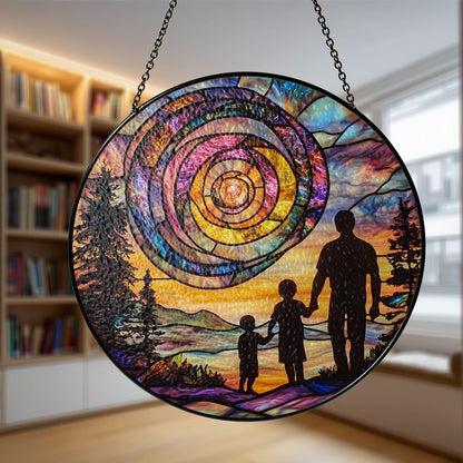 Dad and Kids Sunset Spiral Glass Suncatcher, Handmade Father’s Day Gift, Sentimental Keepsake from Children, Unique Gift for Him, Family Love Decor (Sun-148)