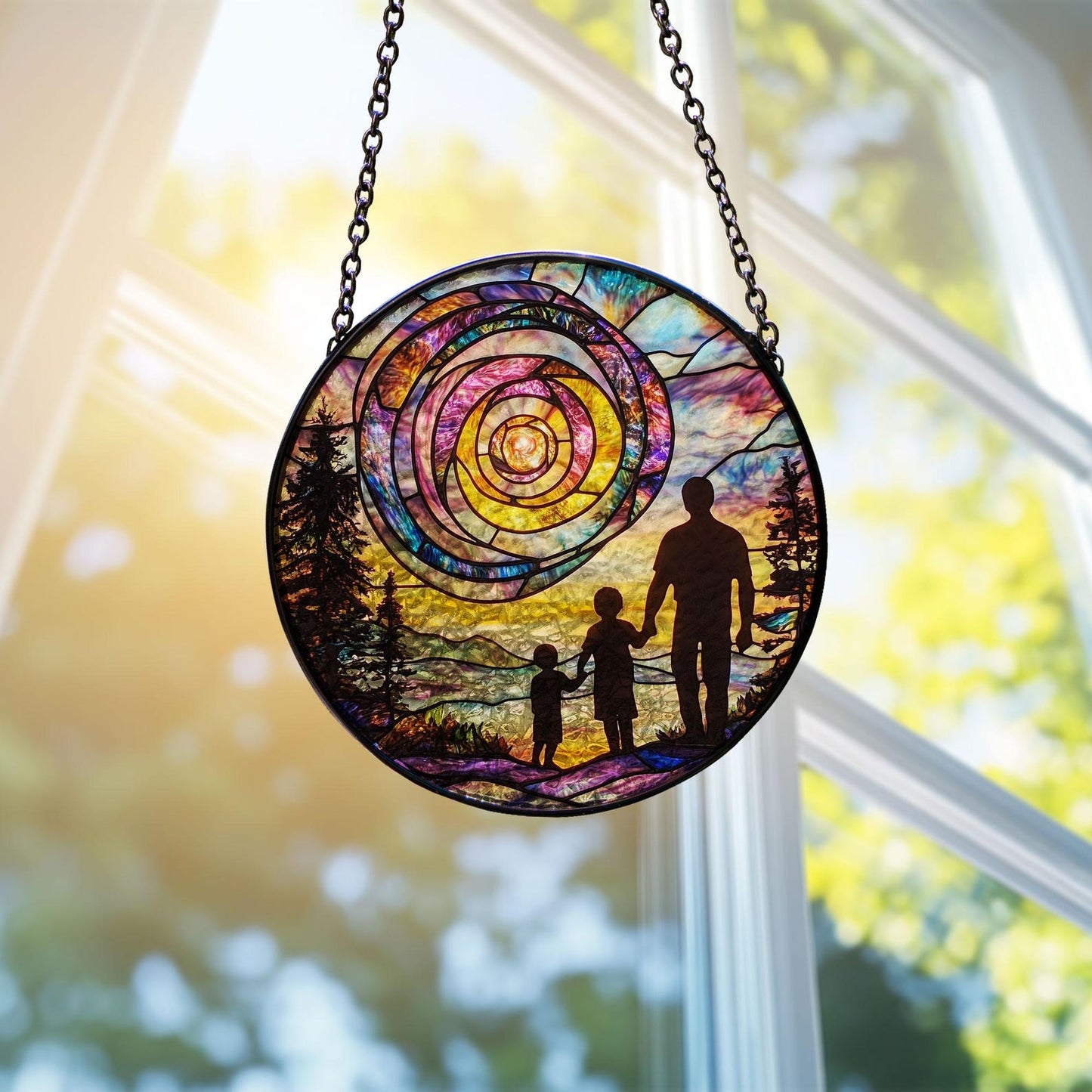 Dad and Kids Sunset Spiral Glass Suncatcher, Handmade Father’s Day Gift, Sentimental Keepsake from Children, Unique Gift for Him, Family Love Decor (Sun-148)
