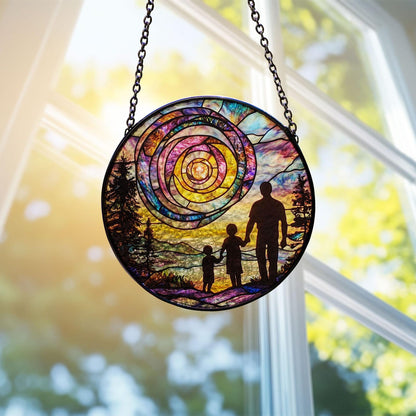 Dad and Kids Sunset Spiral Glass Suncatcher, Handmade Father’s Day Gift, Sentimental Keepsake from Children, Unique Gift for Him, Family Love Decor (Sun-148)