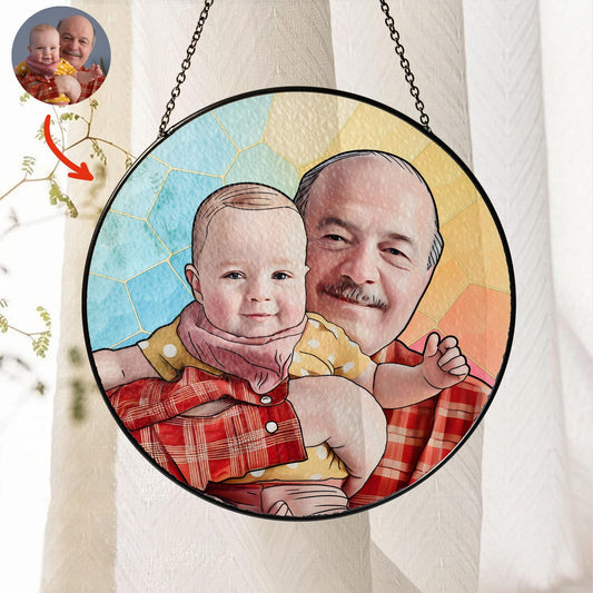 Custom Photo Stained Glass Gift for Grandpa, New Dad Gift, Custom Dad Photo Stained Glass Suncatcher, Fathers Day Gift for Dad, Dad Birthday (Sun-127)